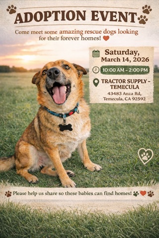Adoption Event flyer for March 14, 2026 at Tractor Supply in Temecula