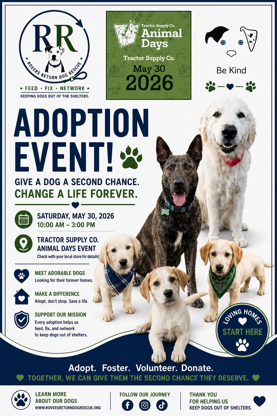 Adoption Event flyer for Tractor Supply Co. Animal Days on May 30, 2026