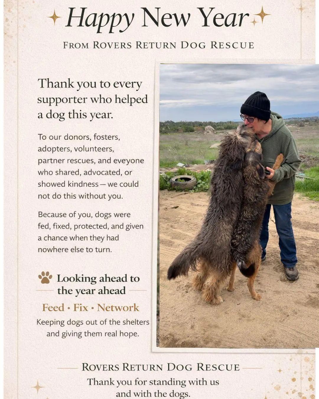 A Rovers Return Dog Rescue volunteer hugging a rescued dog outdoors