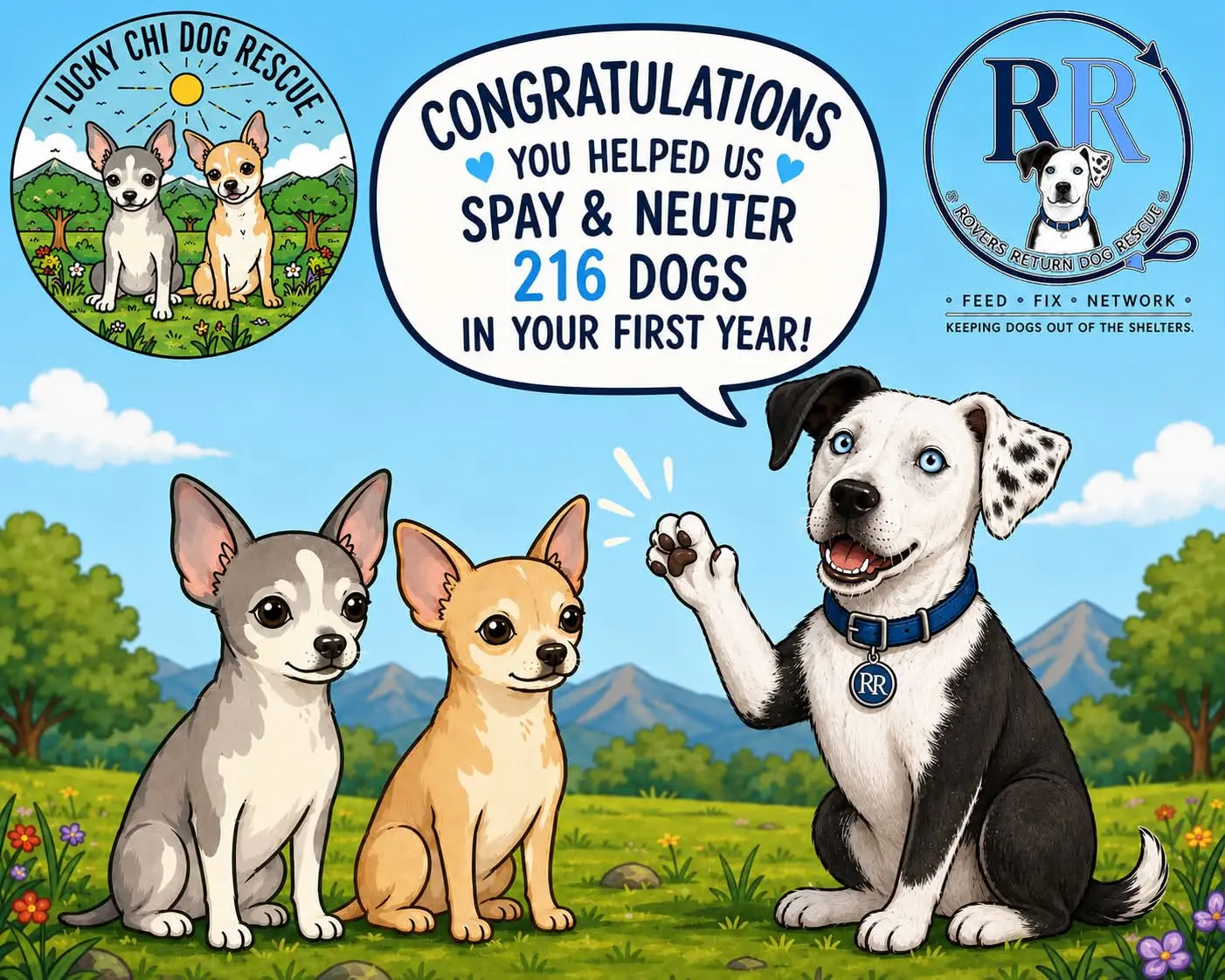 Congratulations graphic celebrating Lucky Chi Dog Rescue's first year, noting 216 dogs spayed and neutered, from Rovers Return Dog Rescue