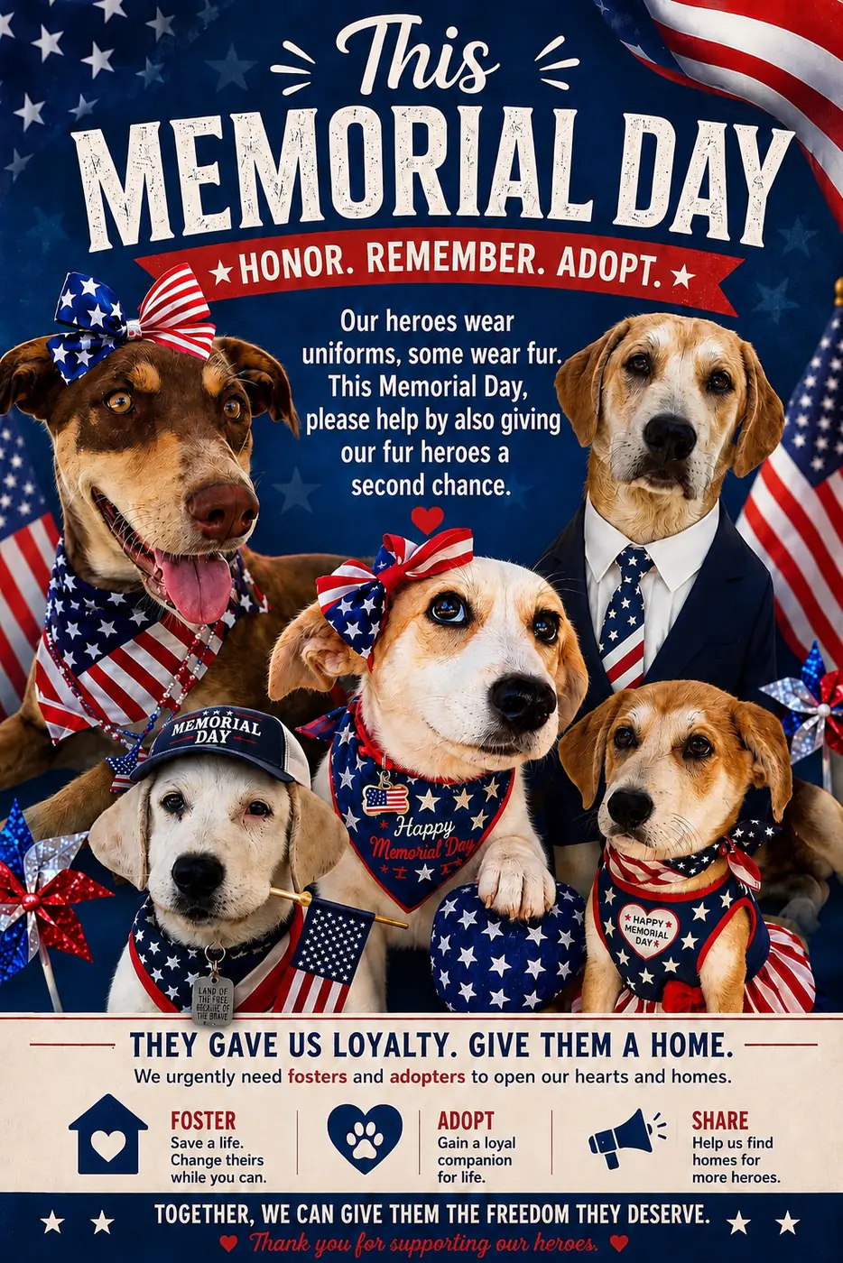 Memorial Day adoption campaign graphic with rescue dogs and the message Honor, Remember, Adopt. They gave us loyalty. Give them a home.