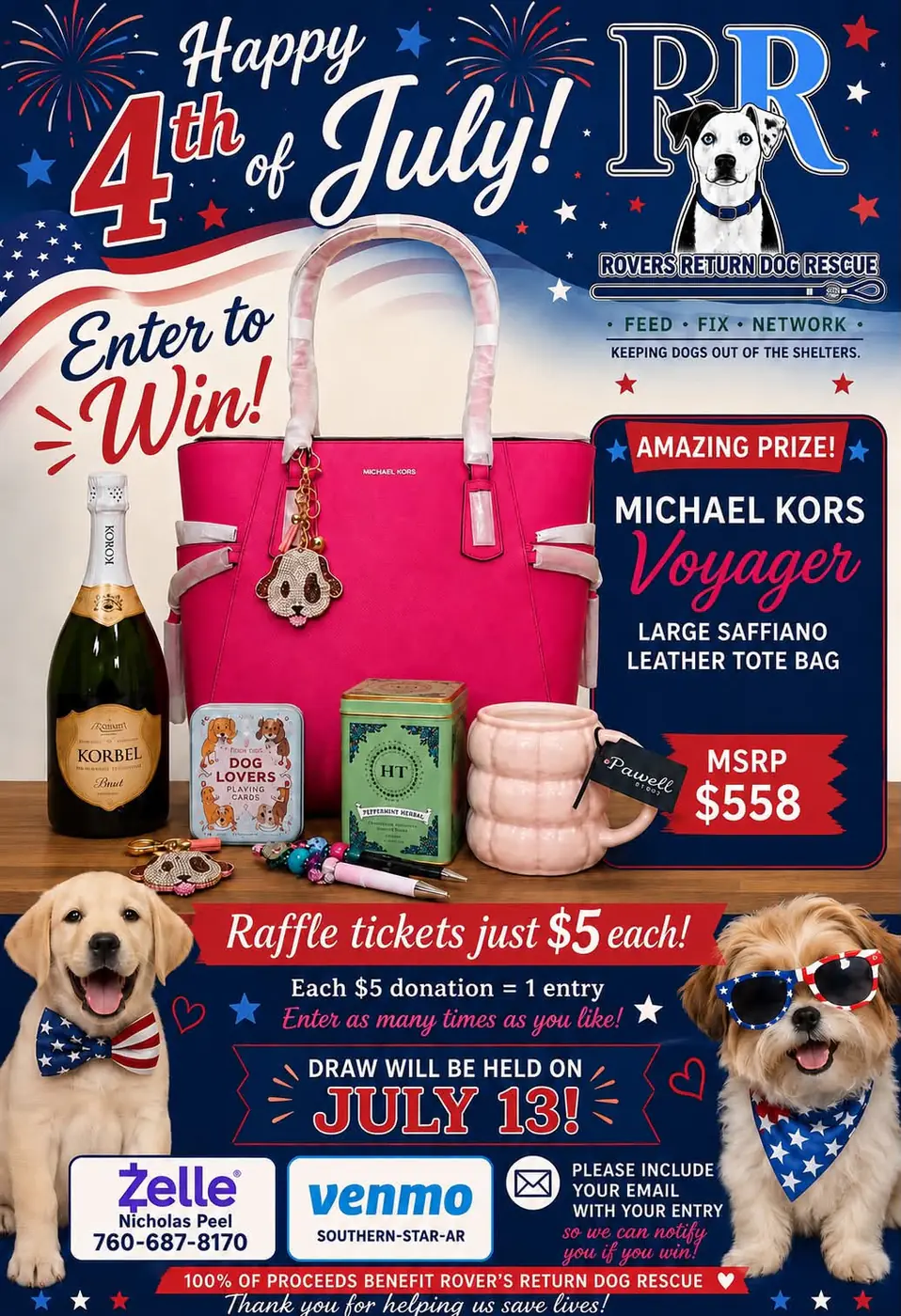 Raffle giveaway flyer for a Michael Kors Voyager tote bag bundle, benefiting Rover's Return Dog Rescue