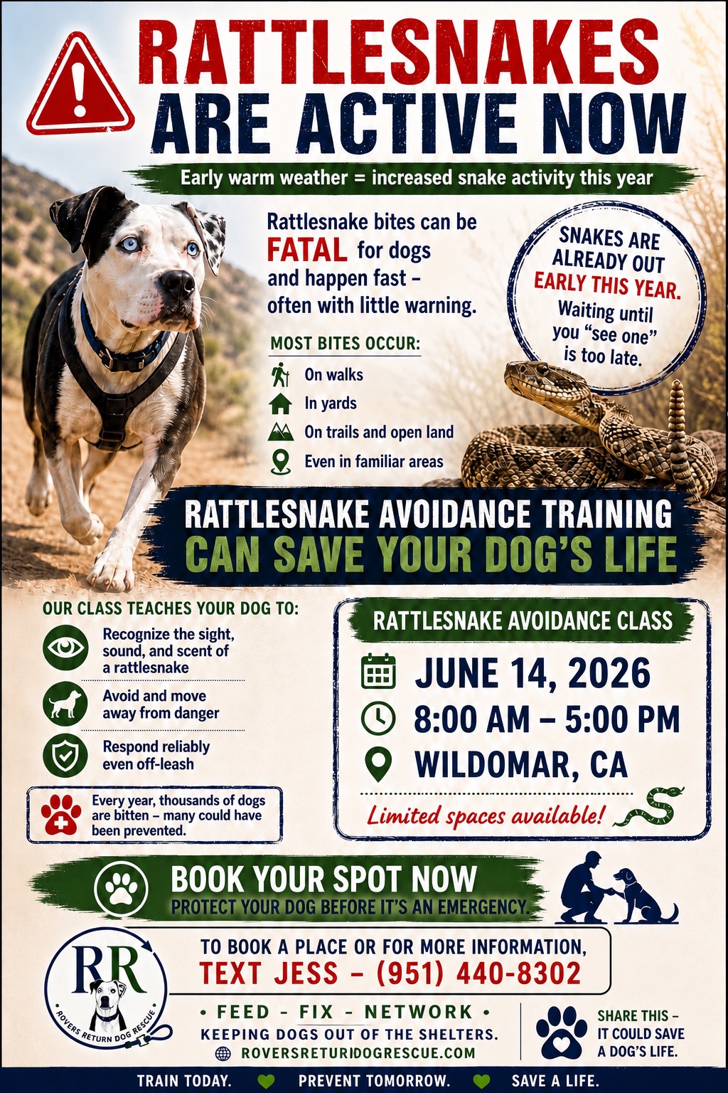 Rattlesnake Aversion Class flyer for June 14, 2026 in Wildomar